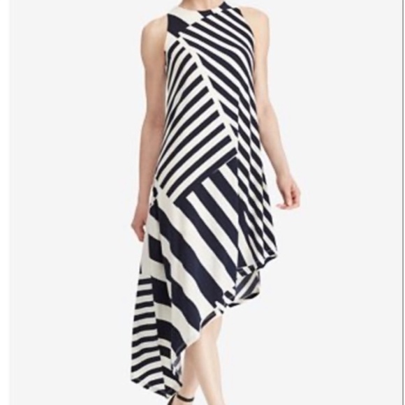 Ralph Lauren Blue and White Stripe Sleeveless Asymmetrical Dress Size 6 - Picture 2 of 15